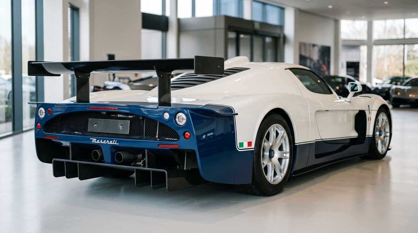 Rear three-quarter view of a Maserati MC12 showing the large rear wing and blue tail section