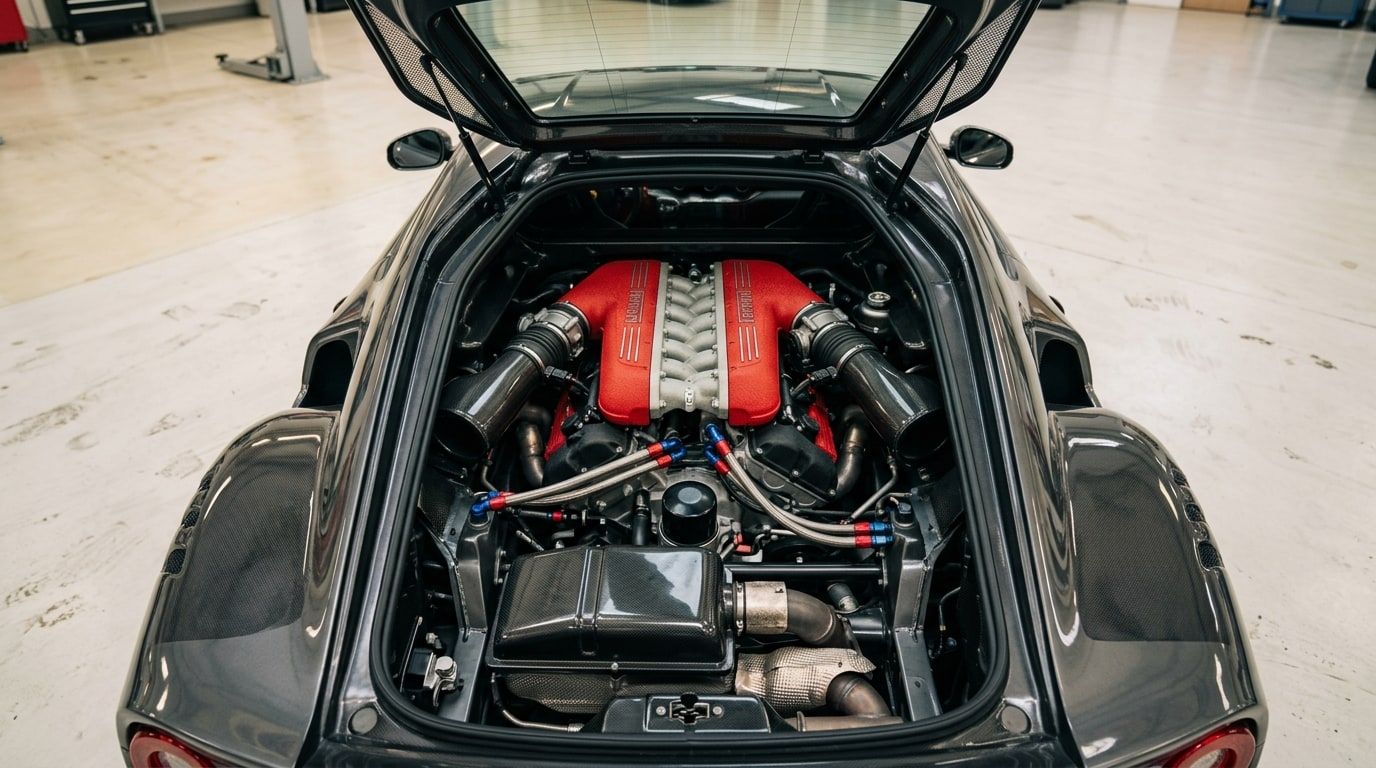 Naturally aspirated V12 engine in the open engine bay of a mid-engined Italian supercar, seen from above