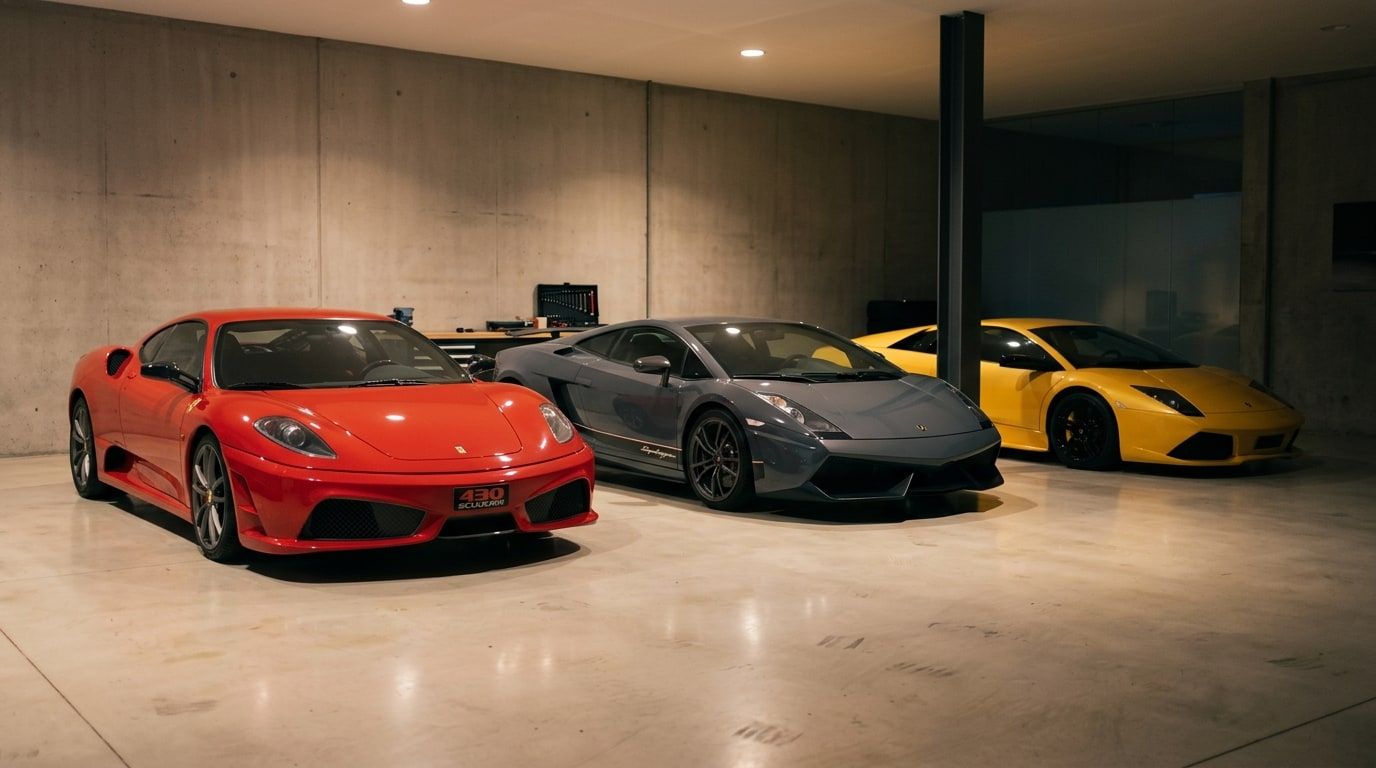 Three Italian mid-engined supercars in a quiet private collection lit by pooled overhead lights