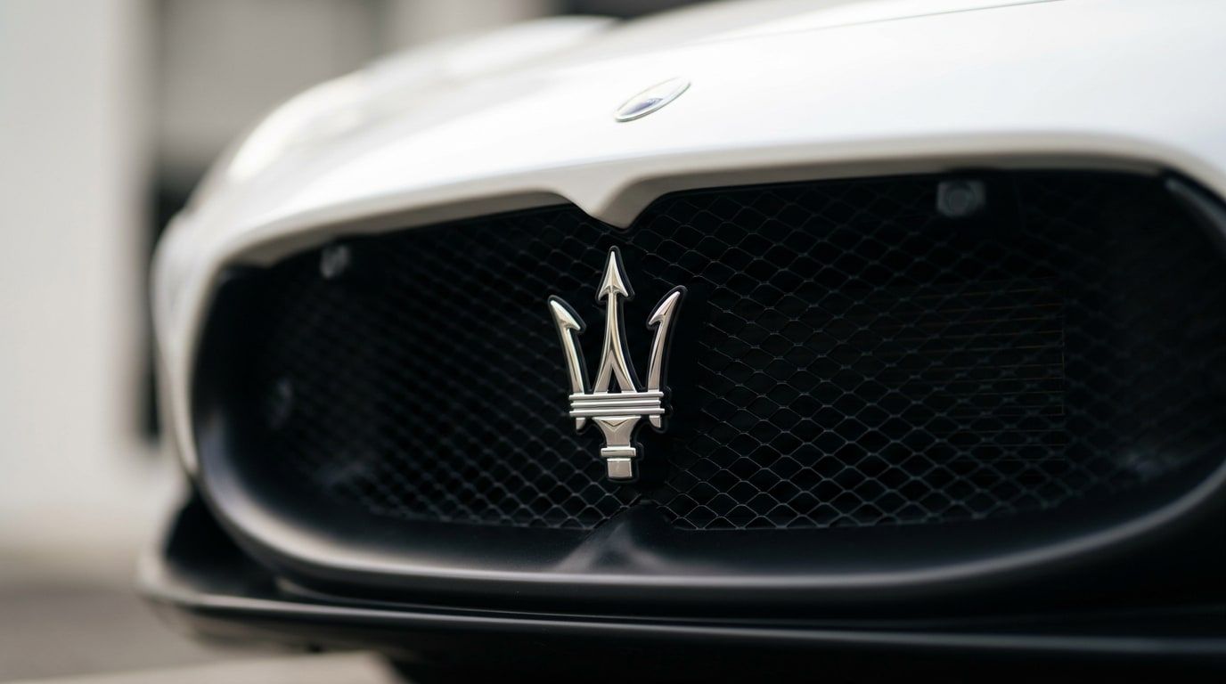 Close-up of a chrome trident badge in the black mesh grille of a white Italian sports car