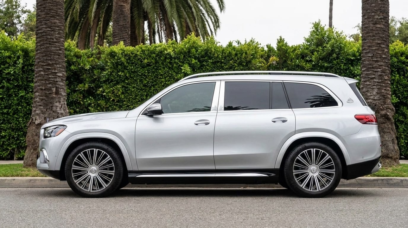 Silver Maybach GLS 600 in profile, showing its full length