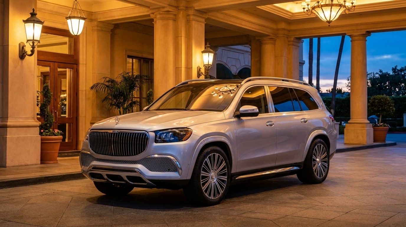 Silver Maybach GLS 600 under a hotel portico at dusk