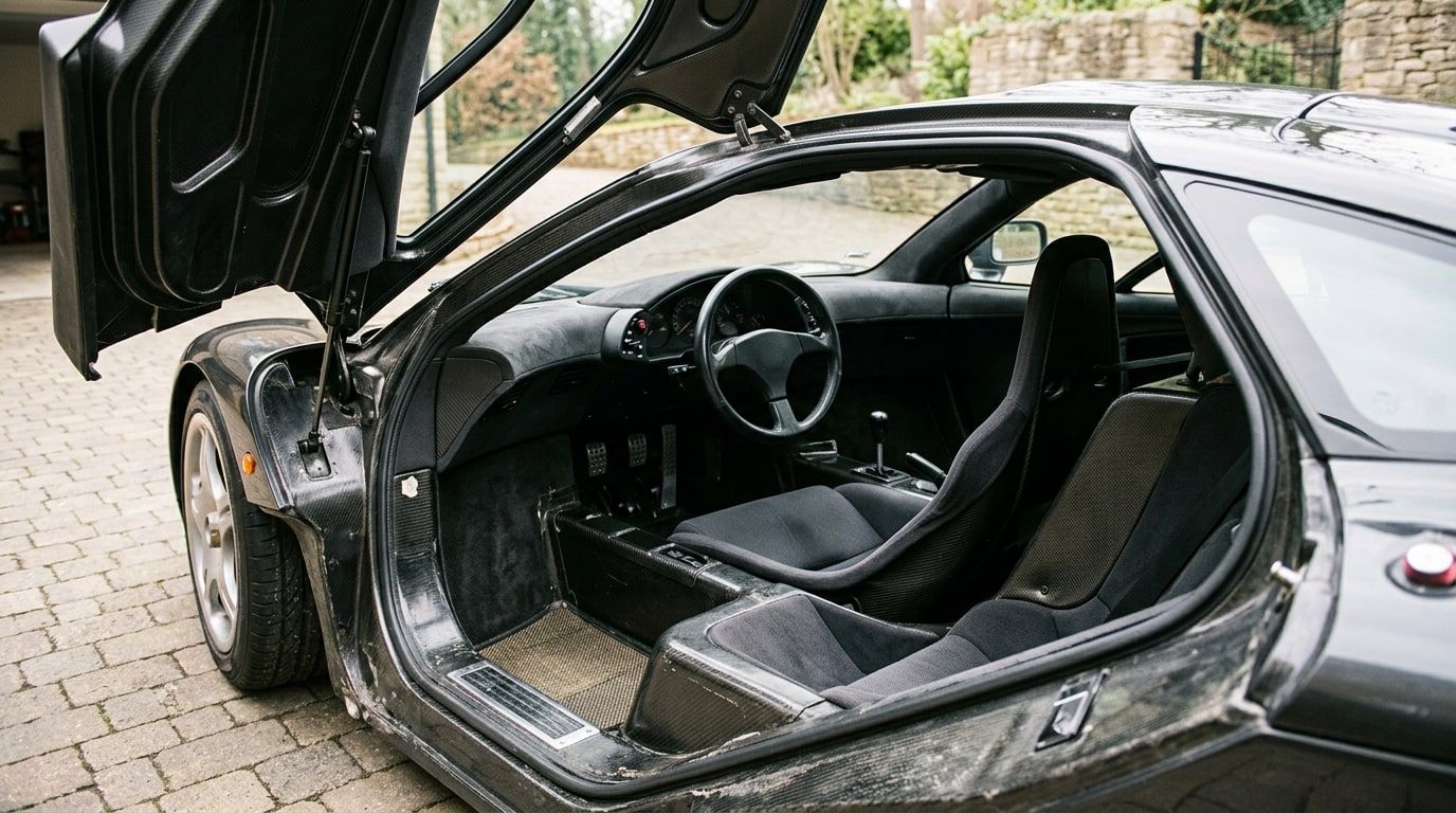 Interior of a 1990s supercar with a single central driving seat and two seats set back either side
