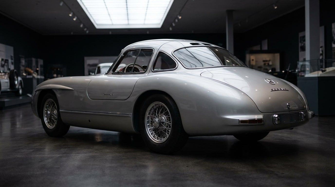 Rear three-quarter view of the Mercedes-Benz 300 SLR Uhlenhaut Coupe in a museum hall, showing the tapering silver tail and chrome wire wheels