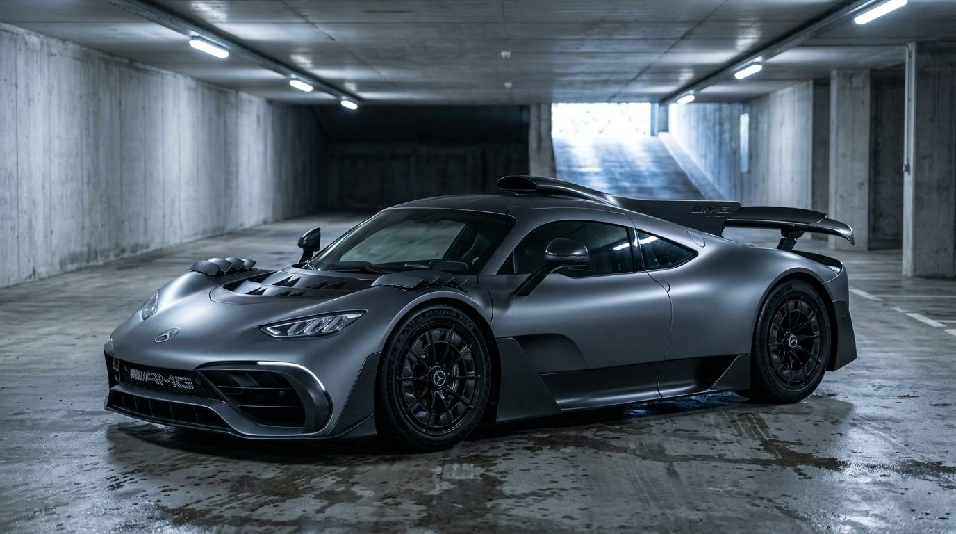 Mercedes-AMG ONE hypercar in matte grey in a concrete underground car park, low front three-quarter view showing the roof air intake and rear wing
