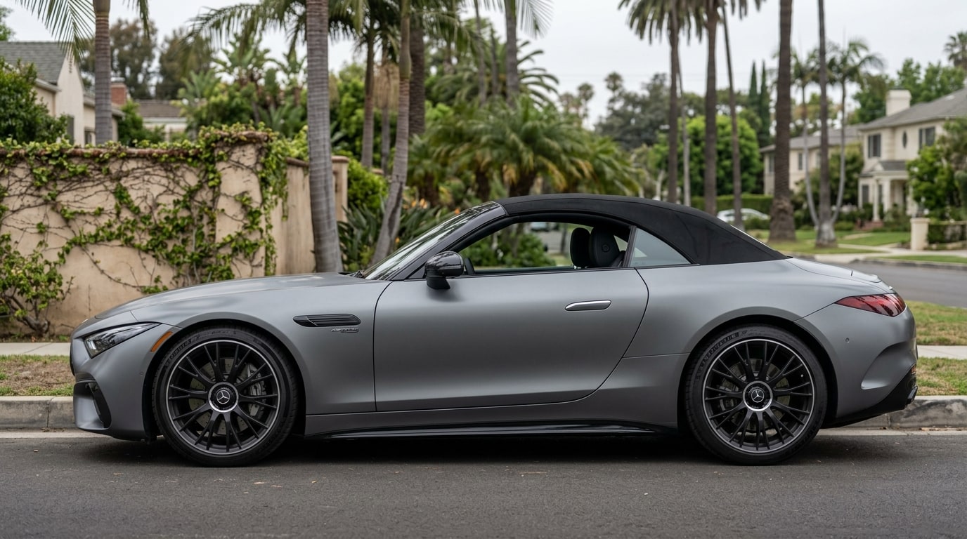 Matte grey Mercedes-AMG SL roadster in profile on a Los Angeles residential street with its black fabric roof raised