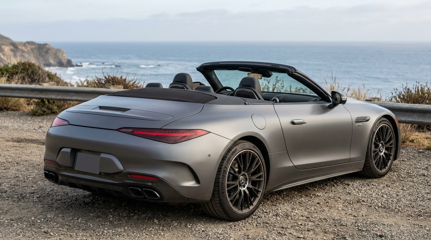 Matte grey Mercedes-AMG SL roadster with its fabric roof folded away, rear three-quarter view at a coast road turnout above the Pacific showing the short rear deck