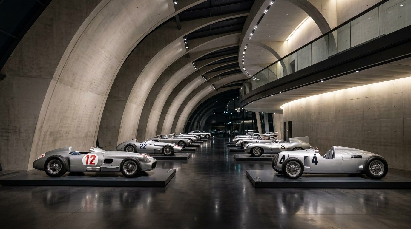 Interior of the Mercedes-Benz Museum in Stuttgart at night, with silver Grand Prix racing cars displayed on plinths along a curved concrete hall