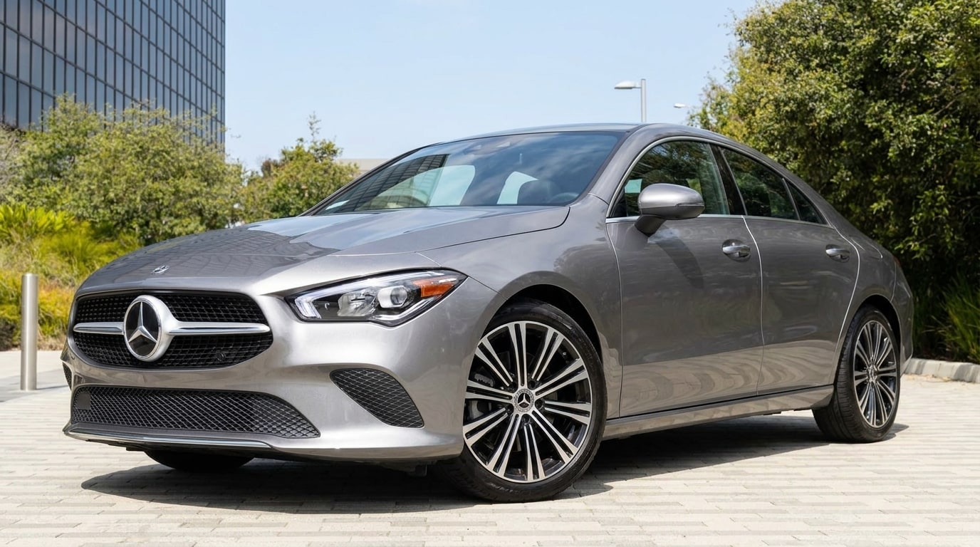 Silver Mercedes CLA 250 on a plaza in Playa Vista, front three-quarter view
