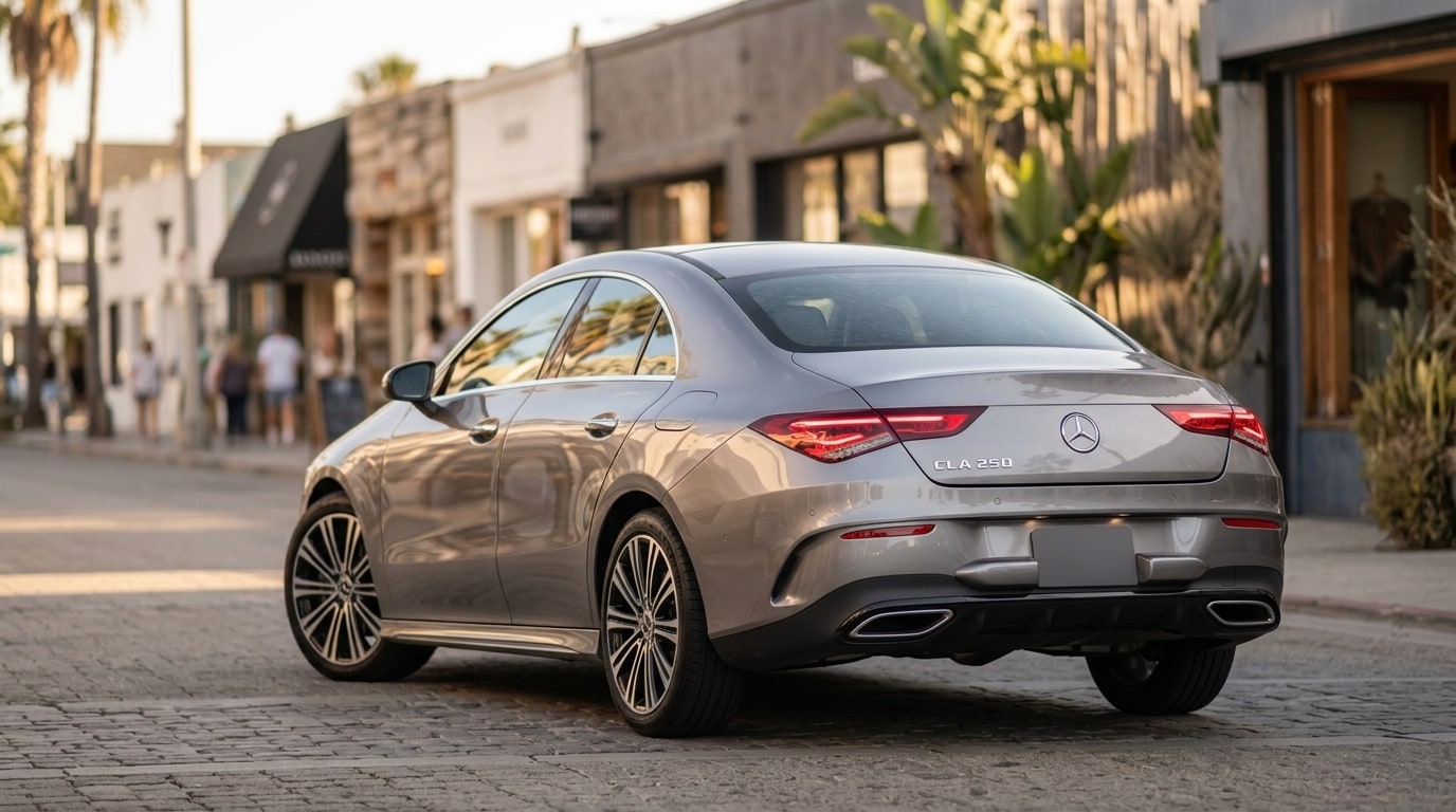 Silver Mercedes CLA 250 from the rear three-quarter on Abbot Kinney Boulevard