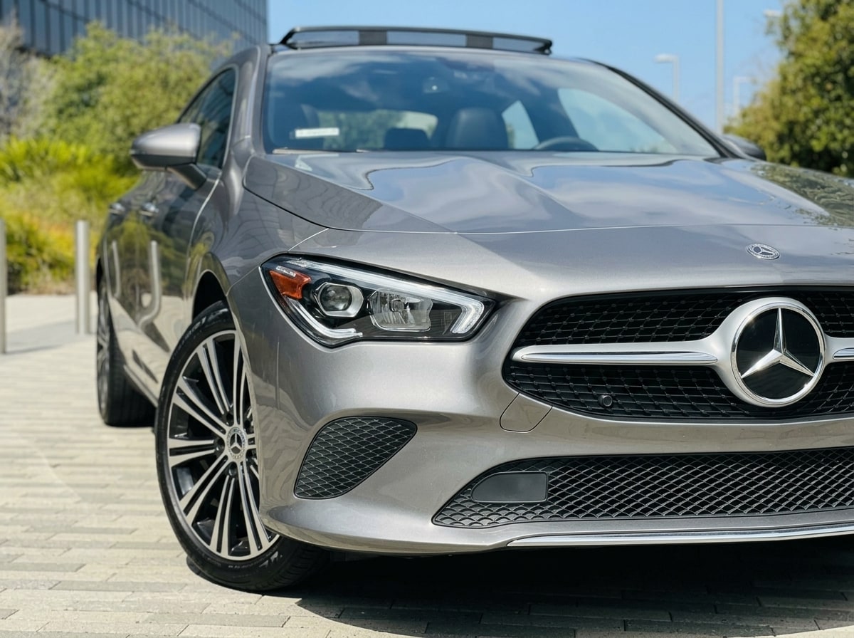 Diamond grille and headlamp of the silver Mercedes CLA 250