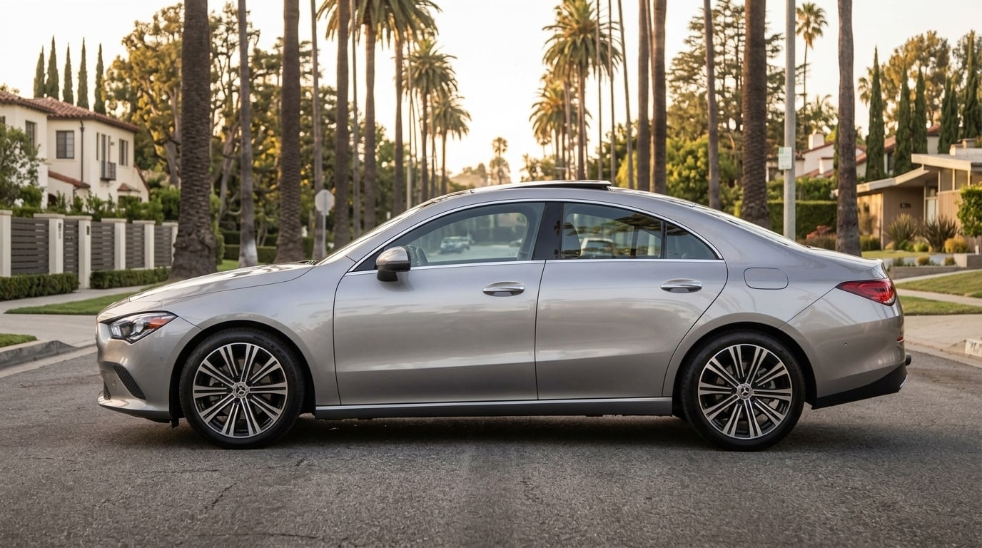 Silver Mercedes CLA 250 in profile on a palm-lined Santa Monica street