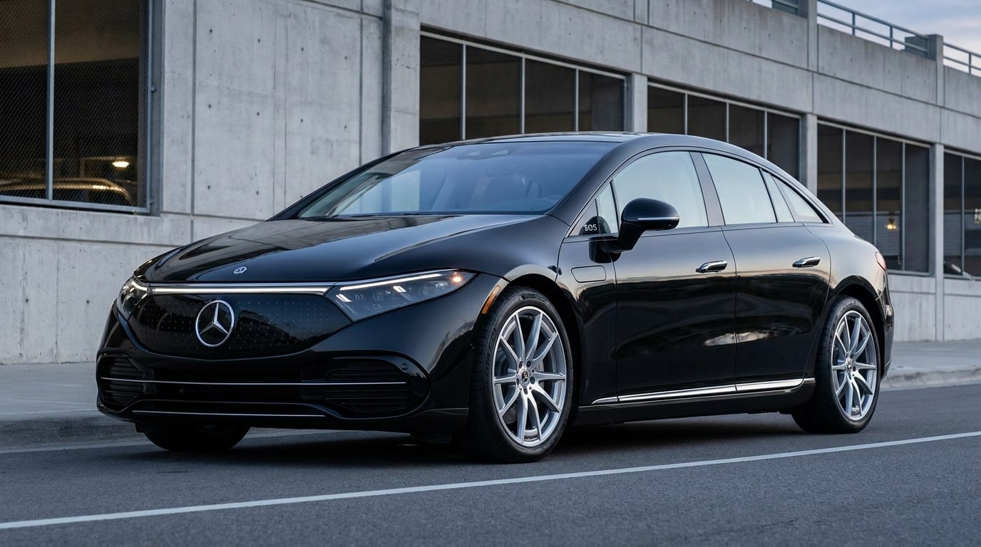 Black Mercedes EQS on a street beside a concrete parking structure at dusk