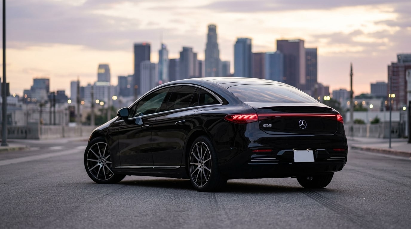 Black Mercedes EQS from the rear three-quarter with the Los Angeles skyline behind