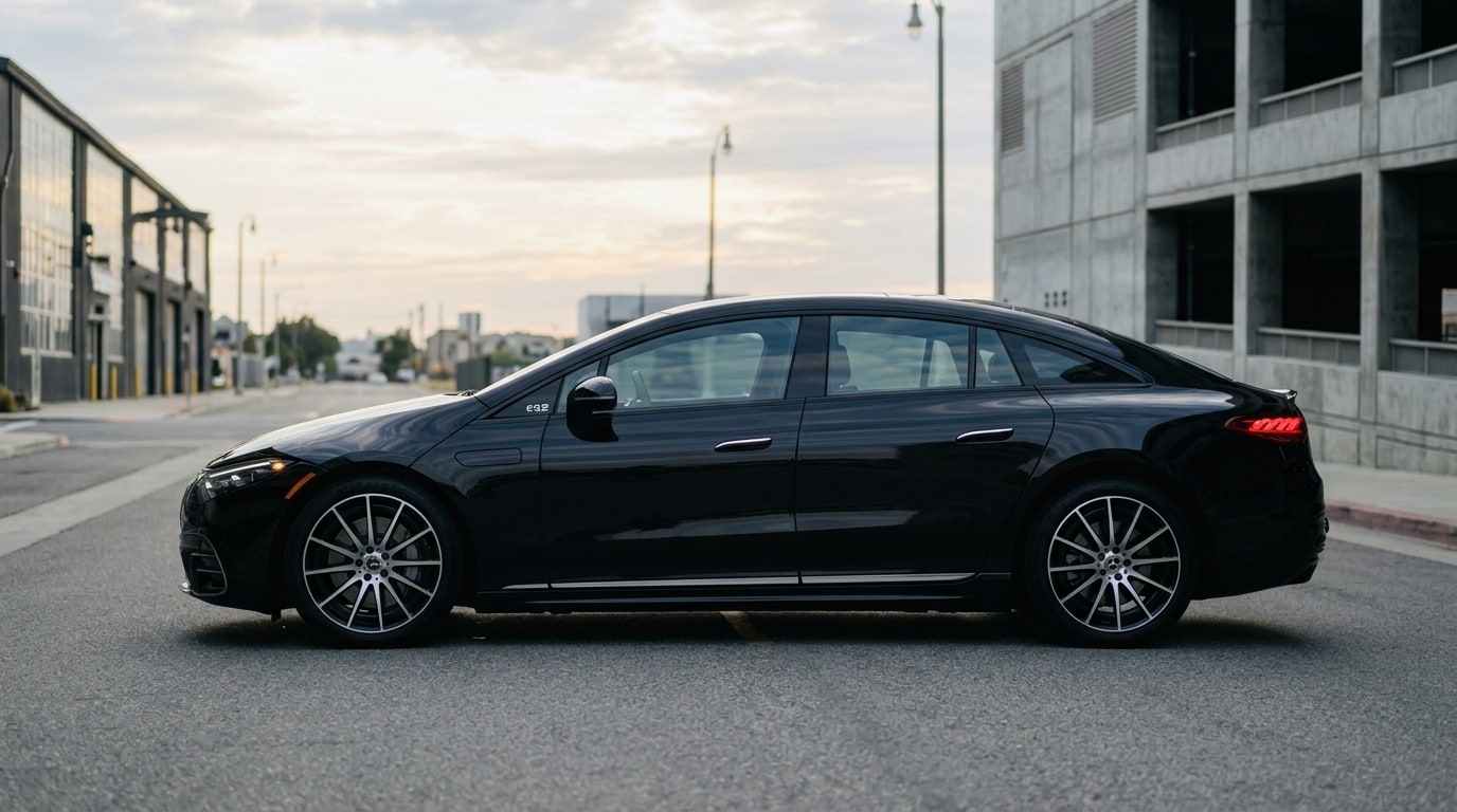Black Mercedes EQS in profile, showing the arched roofline