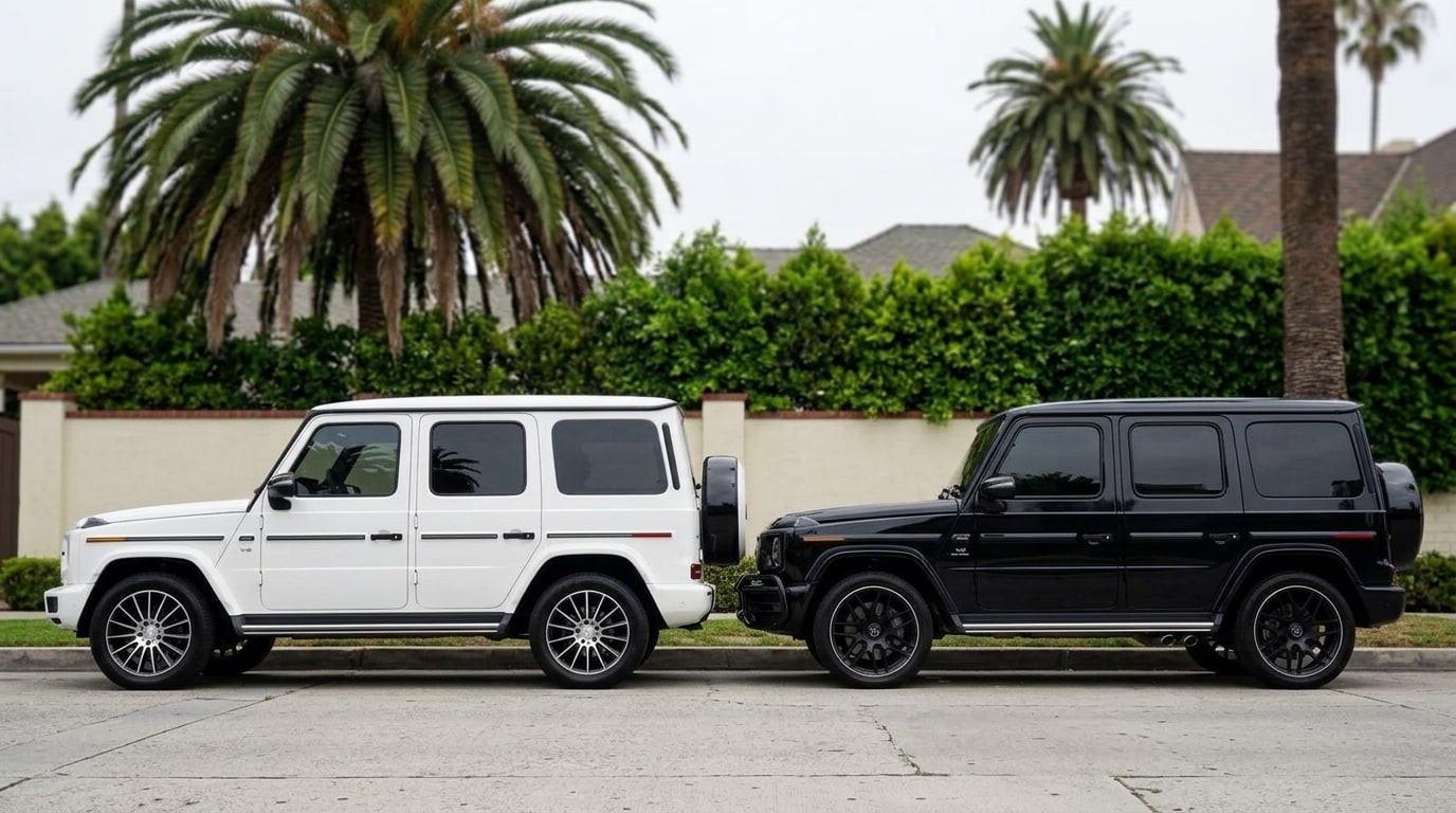 White Mercedes G 550 and black Mercedes-AMG G 63 parked side by side in profile on a Los Angeles street