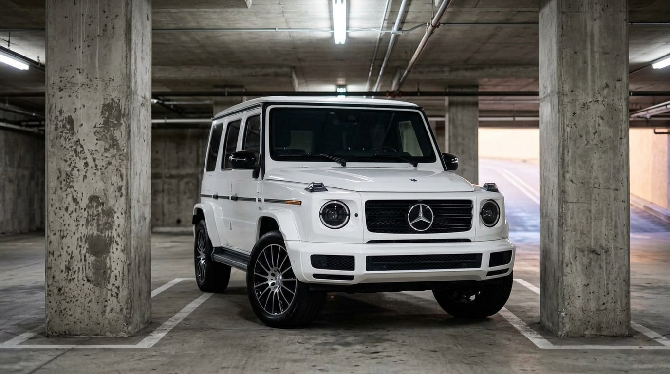 White Mercedes G 550 reversed into a narrow subterranean parking stall between concrete pillars
