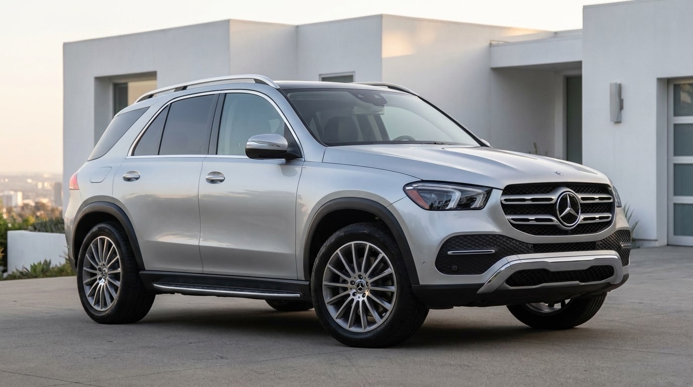 Silver Mercedes GLE outside a white house in the Hollywood Hills, front three-quarter view