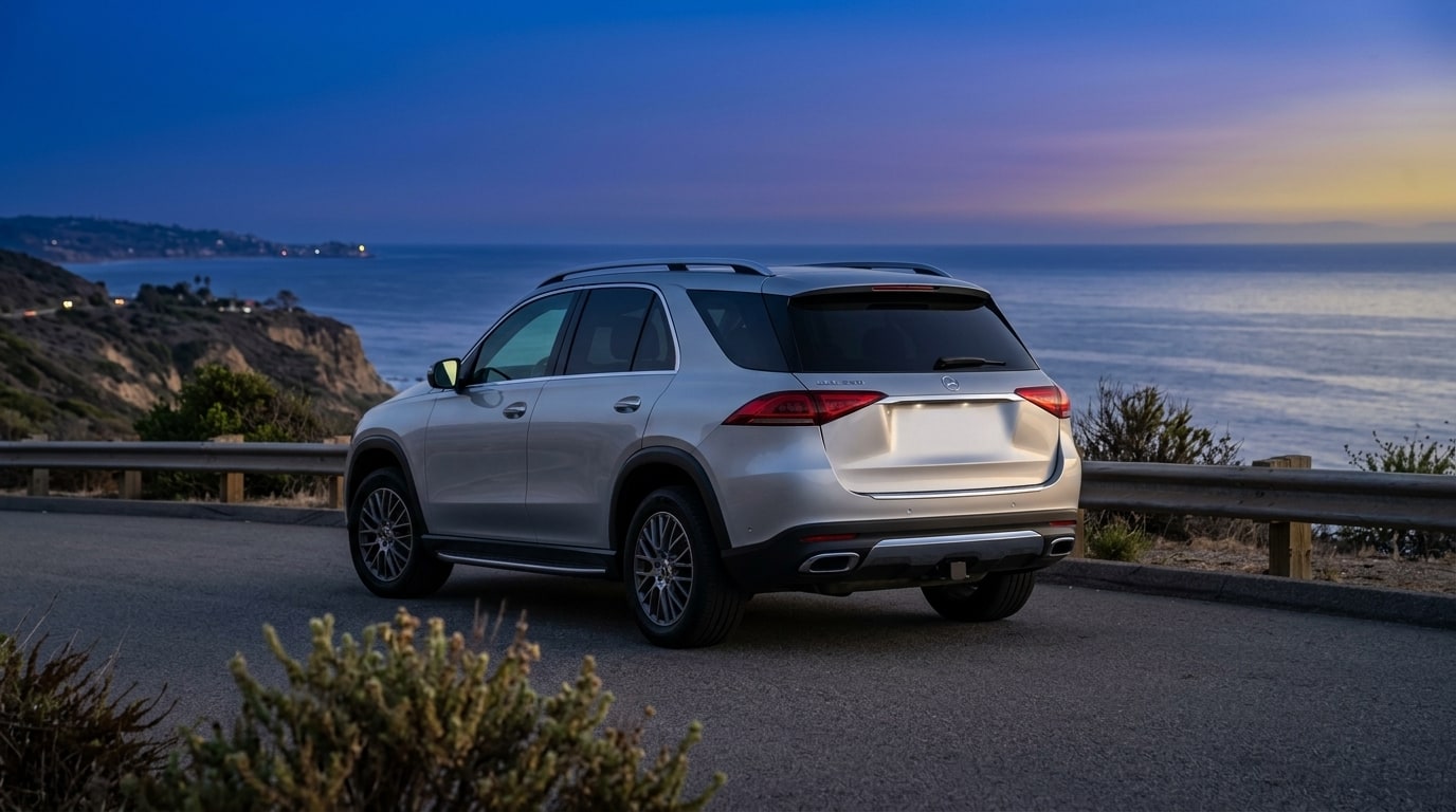 Silver Mercedes GLE from the rear three-quarter on a coastal road above Malibu at dusk