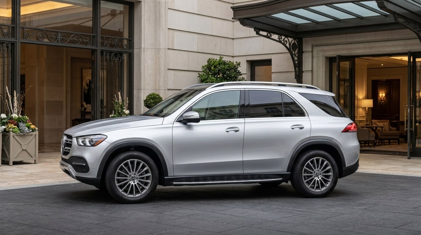 Silver Mercedes GLE in profile outside a Beverly Hills hotel