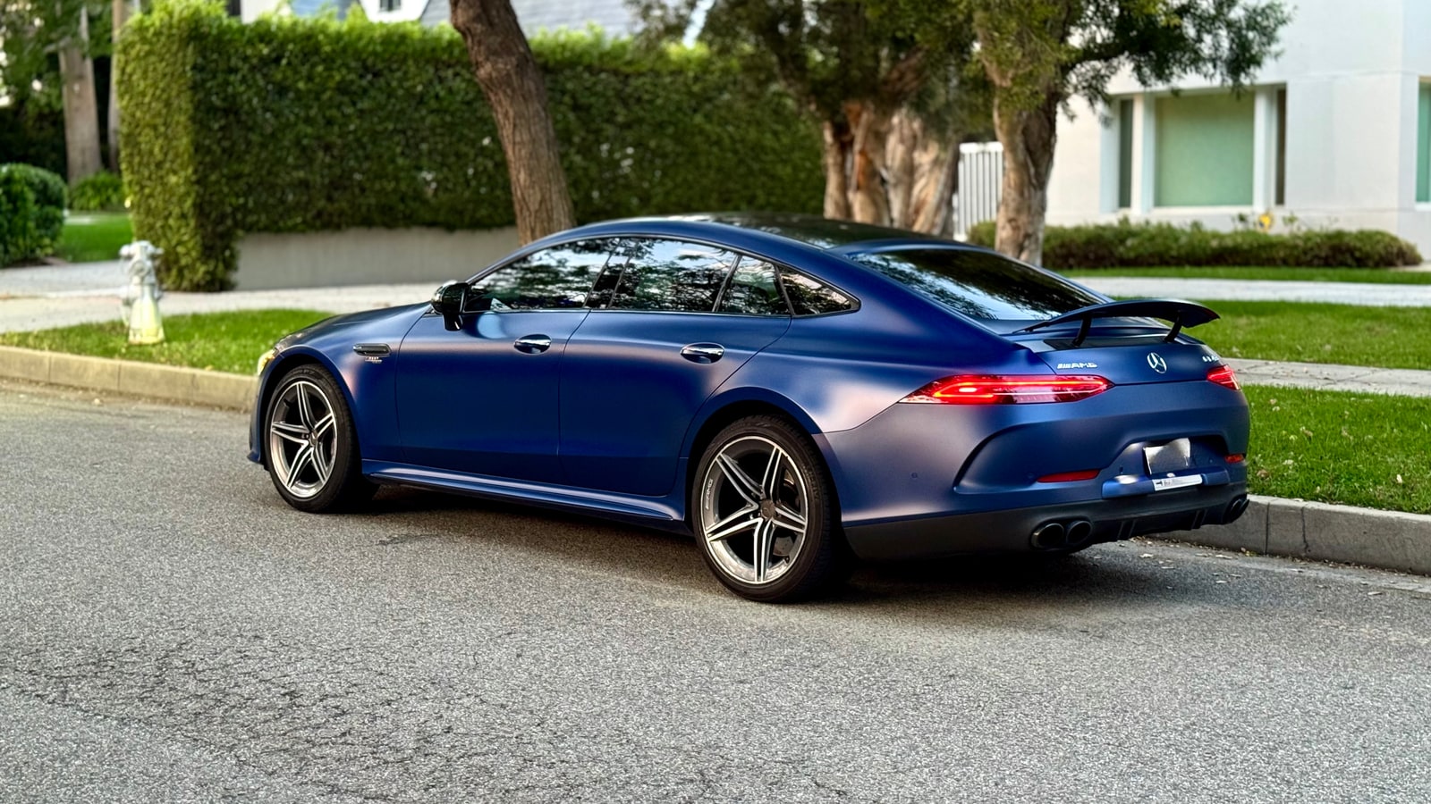 Blue Mercedes-AMG GT 43 in profile