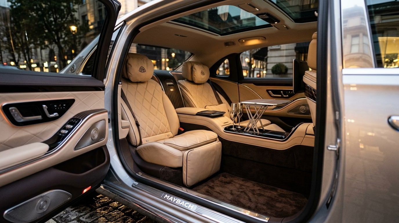 Rear cabin of a Mercedes-Maybach S-Class saloon with two reclining quilted leather seats and a centre console, seen through the open rear door