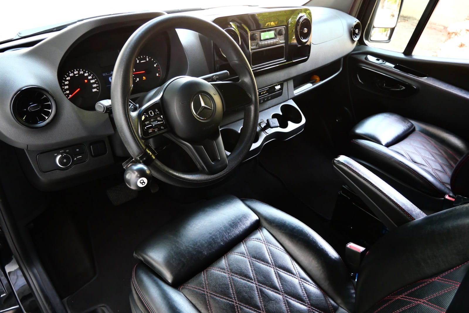 Driver's seat and dashboard of the Mercedes Sprinter