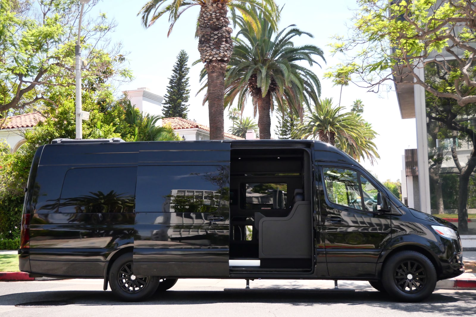 Black Mercedes Sprinter with the side door open beneath palm trees
