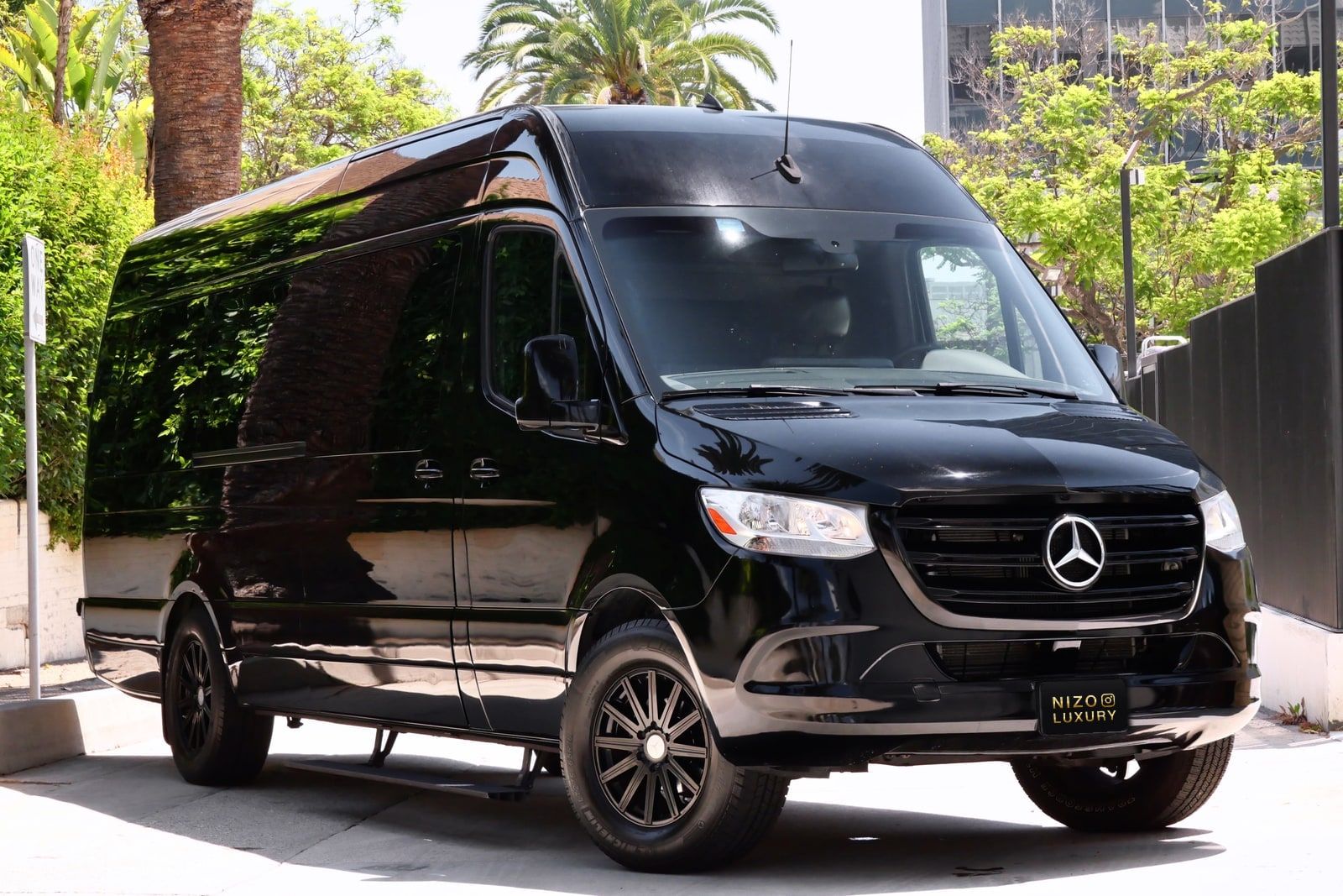Black Mercedes Sprinter rental in Los Angeles, front three-quarter view