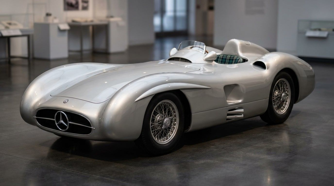 Mercedes-Benz W196 R Stromlinienwagen streamliner Grand Prix car in polished silver, front three-quarter view showing the enclosed bodywork over the wire wheels