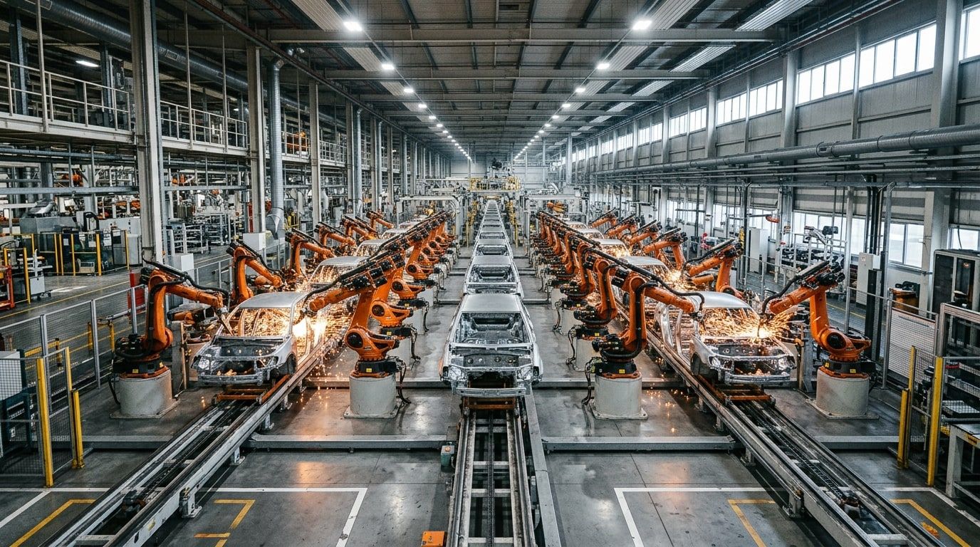 Rows of robotic welding arms working on identical car bodies in a modern automotive body shop