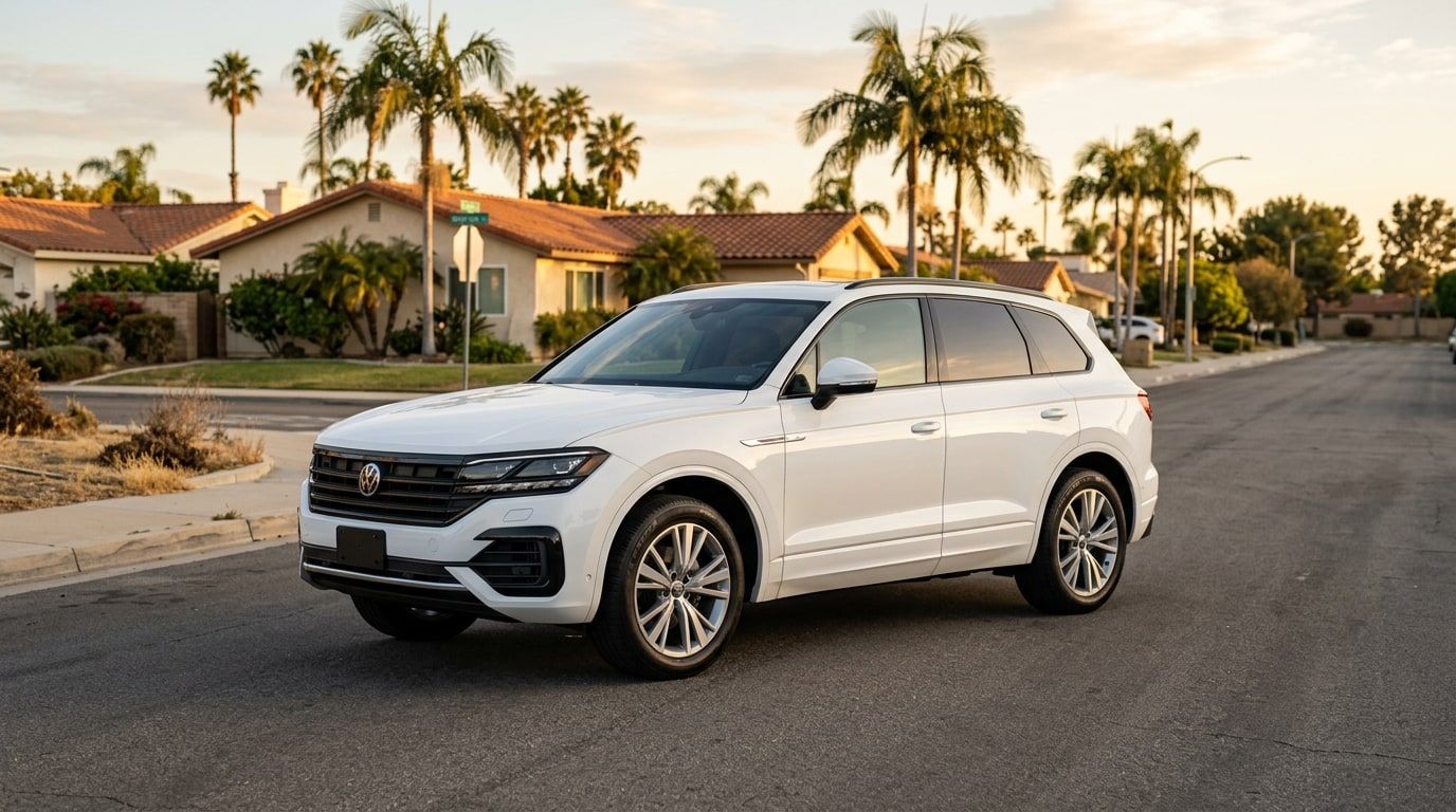 White modern three-row SUV on a suburban Los Angeles street at golden hour