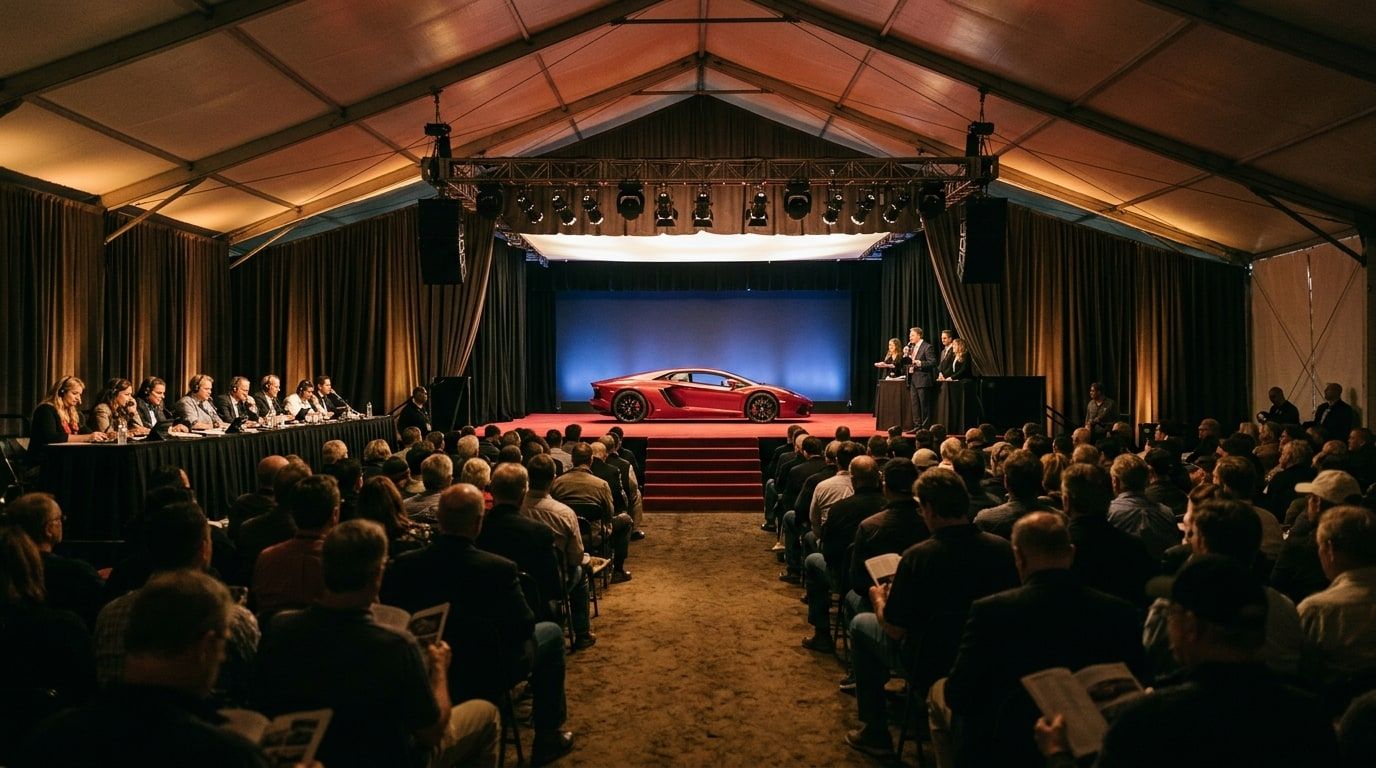 Modern supercar on a lit stage at an evening collector car auction under a marquee