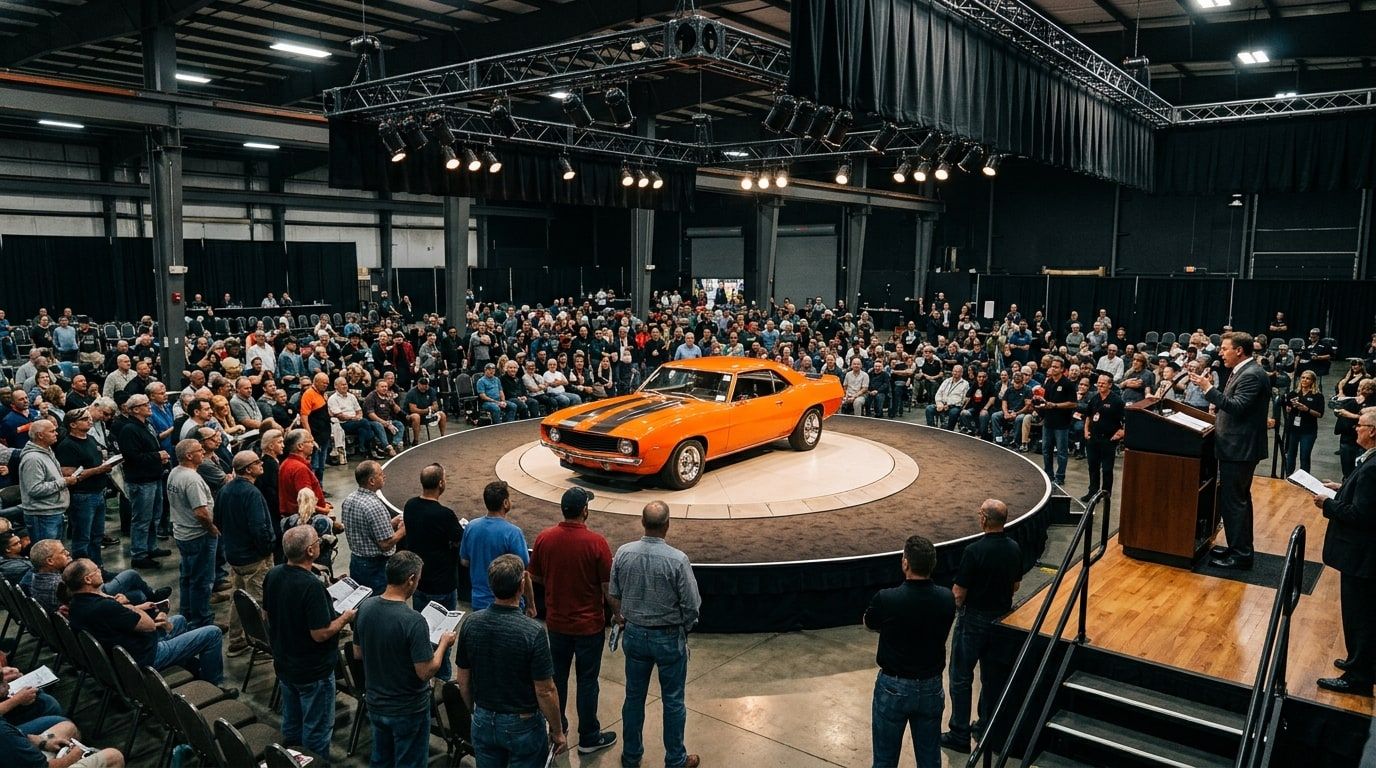Orange muscle car on a lit rotating stage at a busy indoor collector car auction