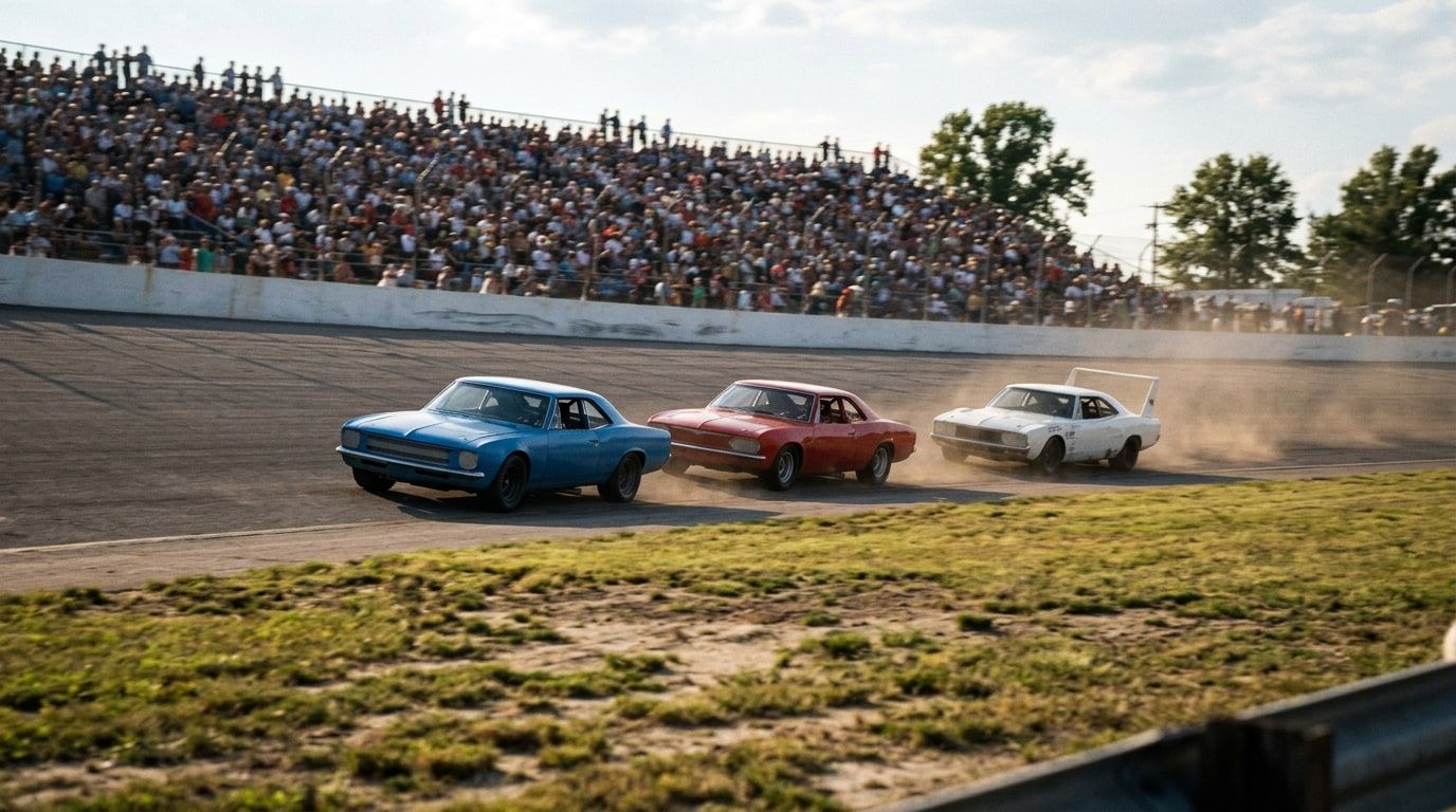 American stock cars on the banking of a high-banked oval speedway in the late 1960s