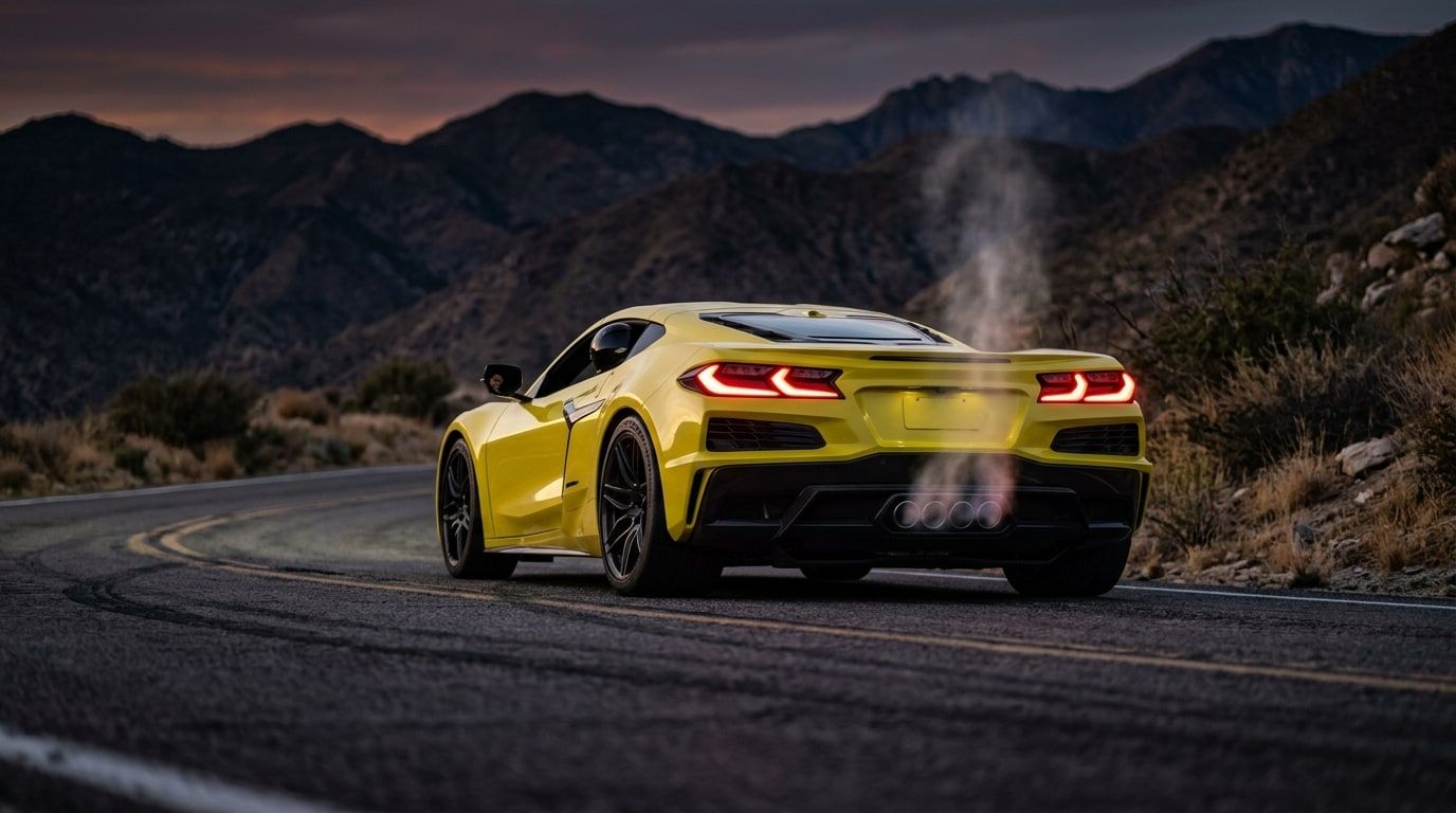 Yellow mid-engined supercar on a mountain road at dusk with heat shimmer from the exhausts
