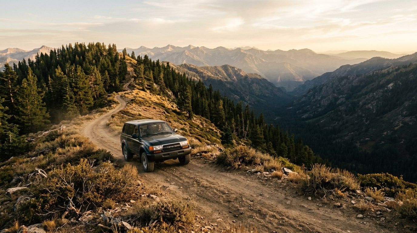 Narrow dirt trail winding along a pine-covered mountain ridge at golden hour