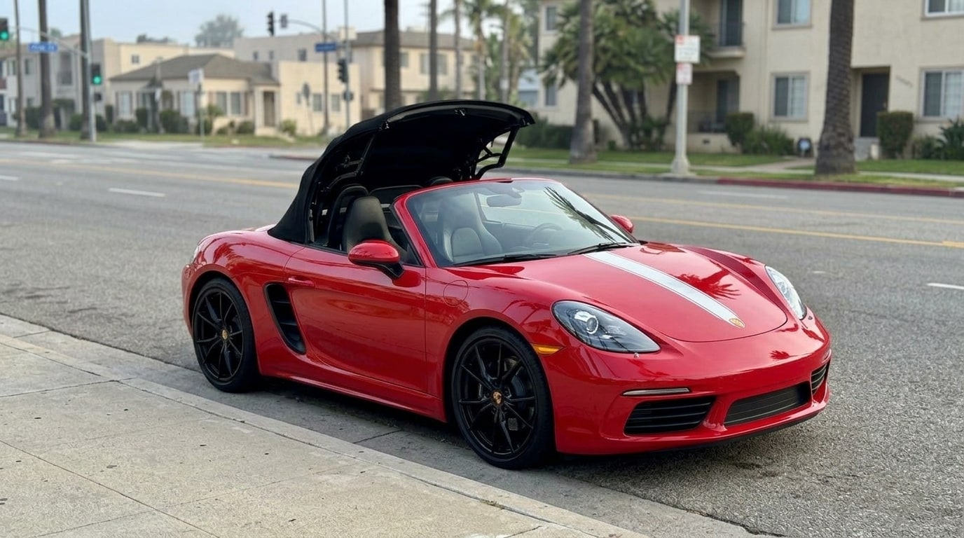 Red Porsche 718 Boxster with its fabric roof caught halfway through folding down, seen from a high front three-quarter angle on a Los Angeles street