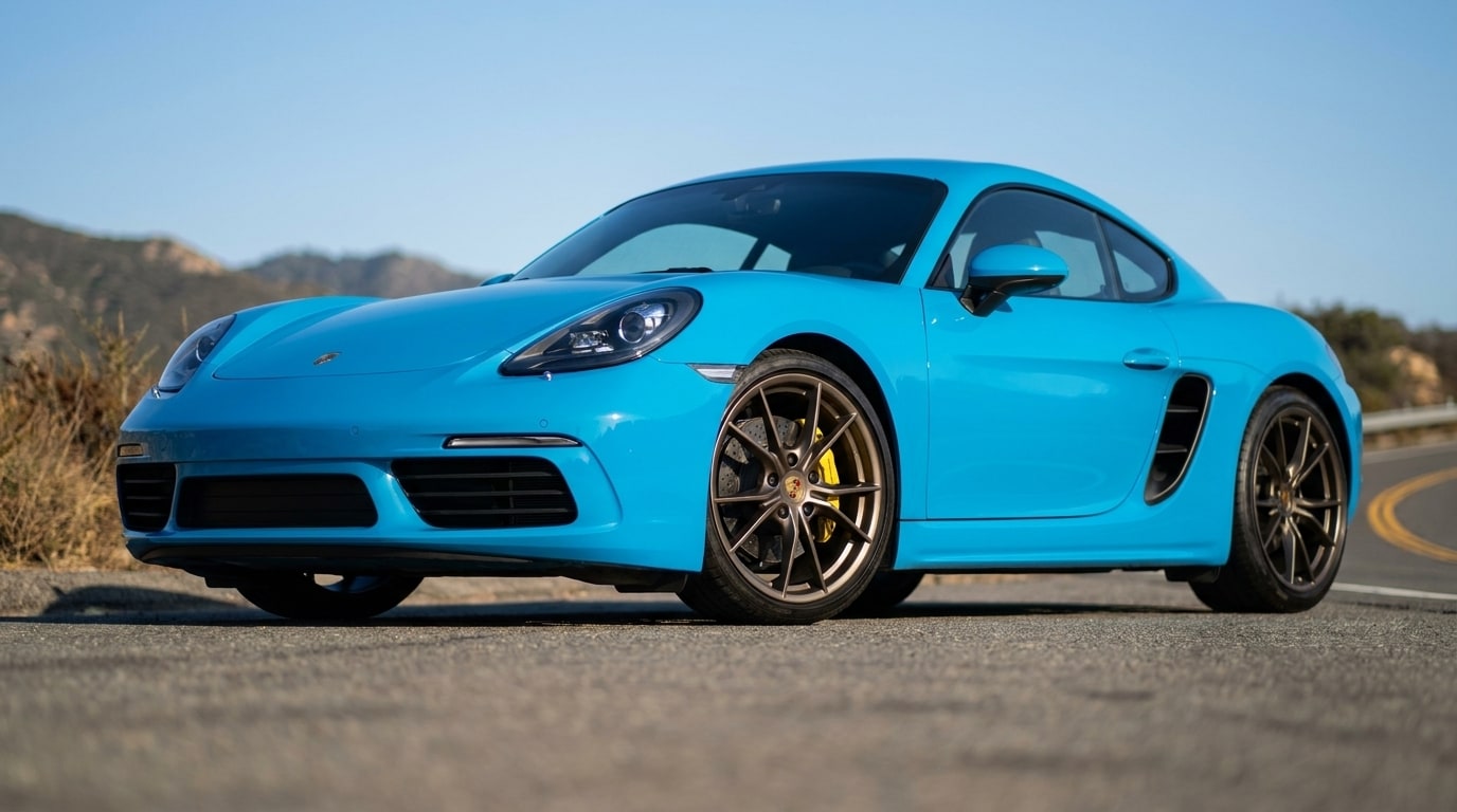 Blue Porsche 718 Cayman on a canyon road above Malibu