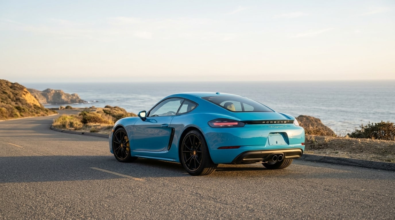 Blue Porsche 718 Cayman from the rear three-quarter above the Pacific