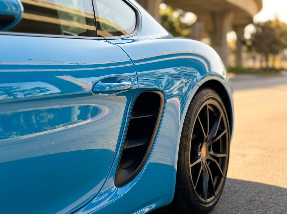 Side air intake and rear haunch of the blue Porsche 718 Cayman