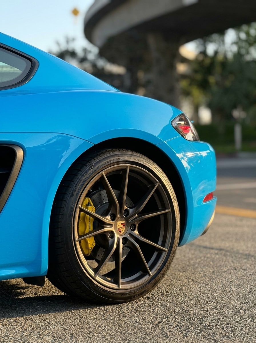 Rear wheel and yellow brake caliper of the blue Porsche 718 Cayman