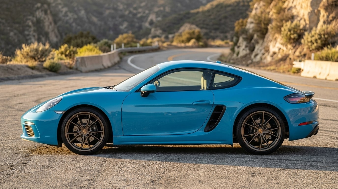 Blue Porsche 718 Cayman in profile on a canyon road