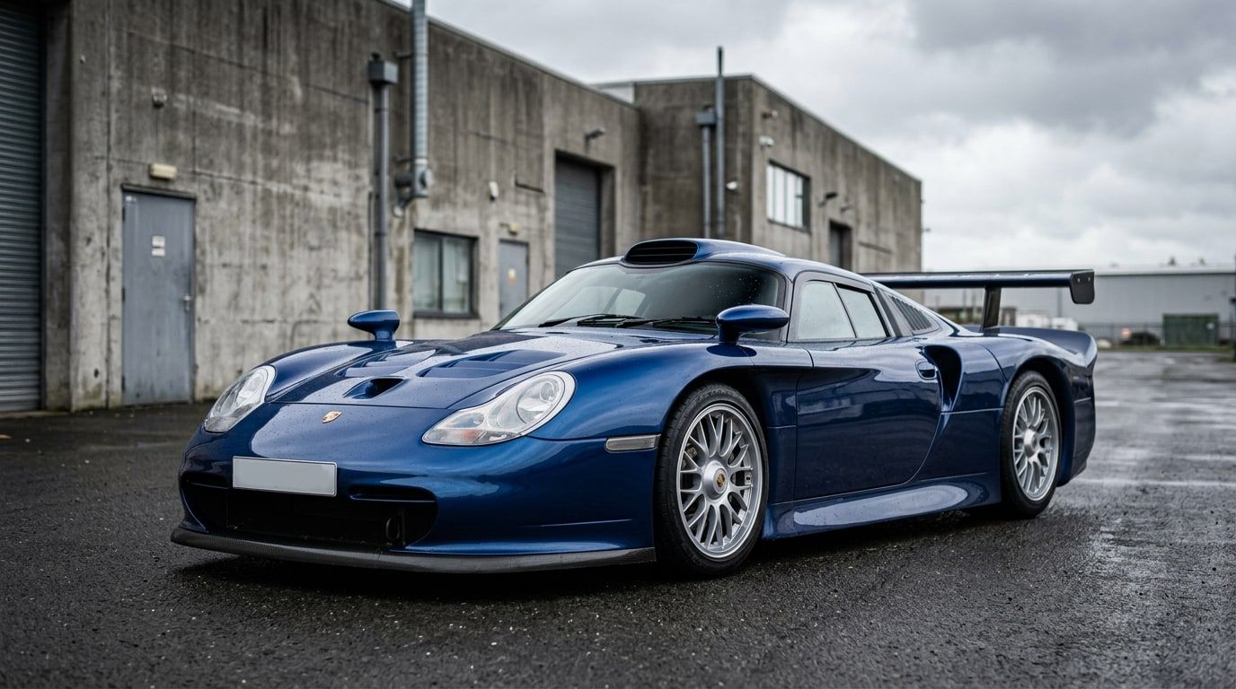 Porsche 911 GT1 Strassenversion in blue, low front three-quarter view showing the wide arches and rear wing
