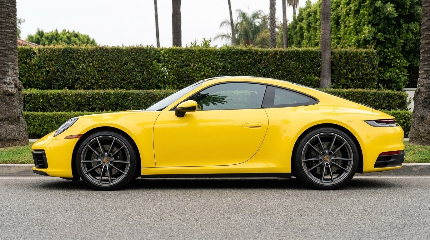 Yellow Porsche 911 in profile at the kerb