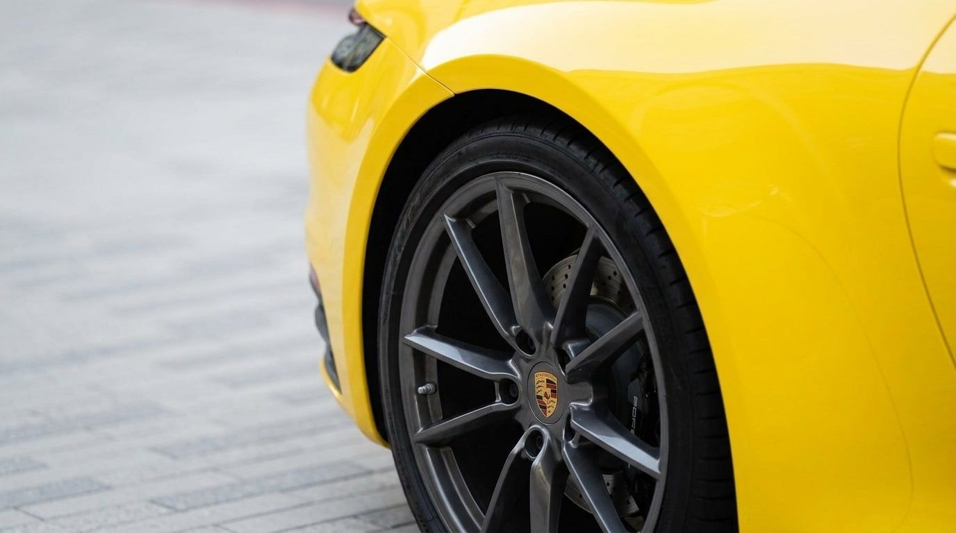 Rear wheel and haunch of the yellow Porsche 911