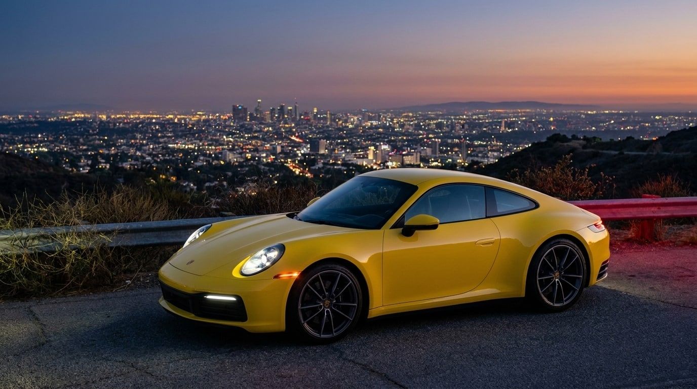 Yellow Porsche 911 on a canyon road above Los Angeles at dusk