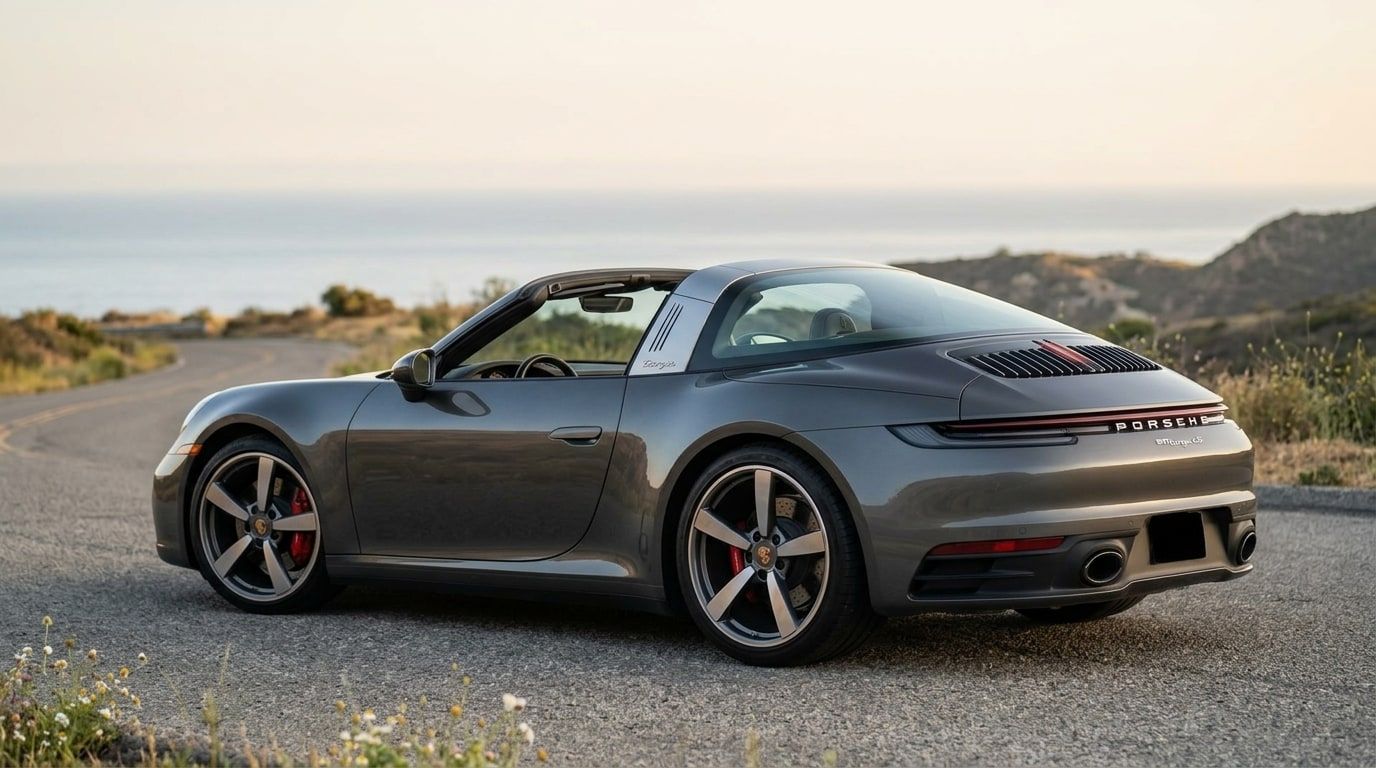Rear three-quarter view of a grey Porsche 911 Targa 4S with the roof panel stowed, showing the engine grille over the rear-mounted flat-six