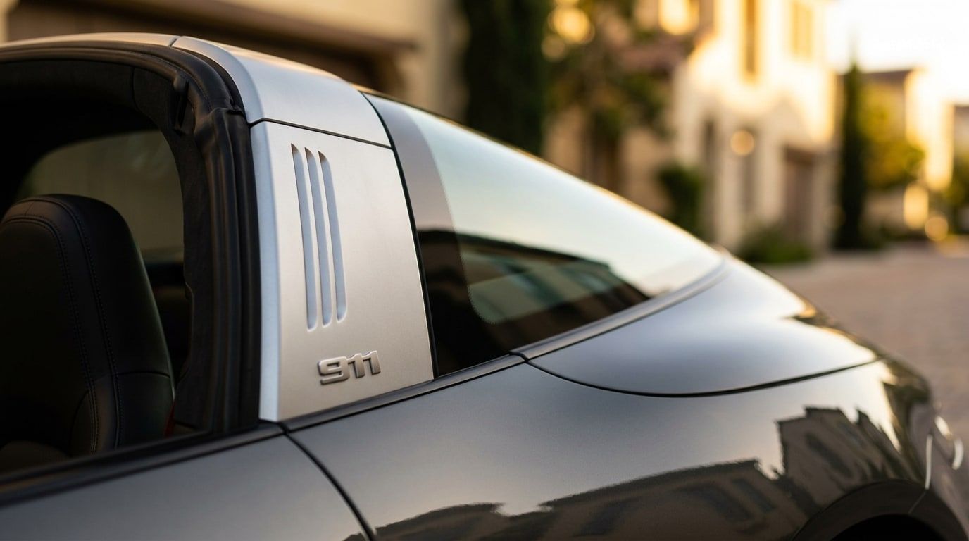 Close detail of the brushed silver Targa hoop on a grey Porsche 911 Targa 4S with the roof panel in place
