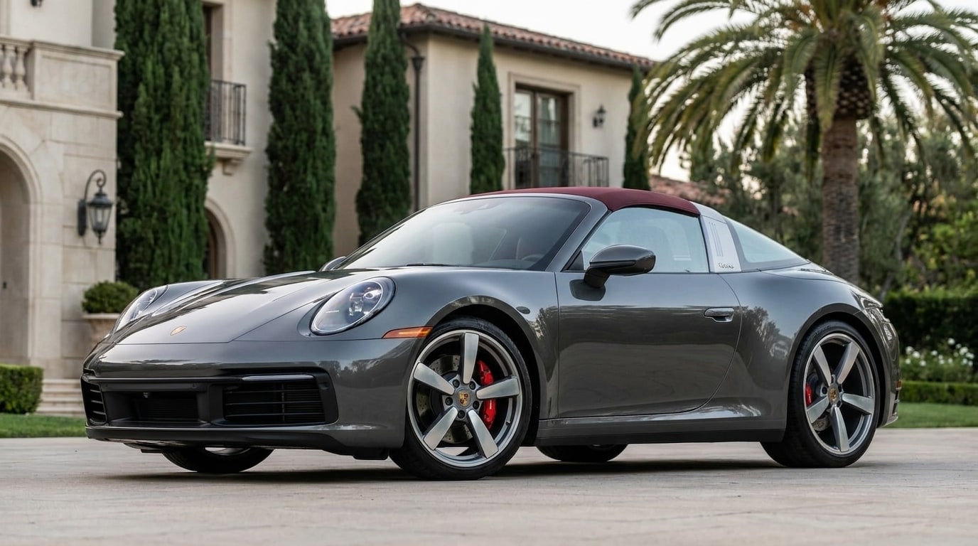 Grey Porsche 911 Targa with the Bordeaux roof closed on a Beverly Hills forecourt